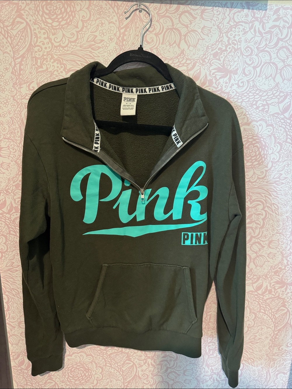 PINK Victoria's Secret Olive Green Half-Zip Sweatshirt with Teal Logo